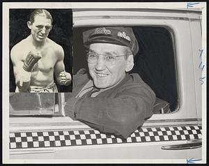 Goin your Way is smiling Jimmy Sacco, onetime lightweight and welterweight champion of the Pacific coast and now driving taxi for the Checker Co. Jimmy, hero of 250 professional fights, hung up the gloves in 1929, after making 100 grand within the squared circle. And in the upper left is Jimmy as he appeared in his heyday.
