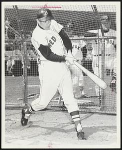 Still Seeking his first hit of the season, Chuck Schilling takes advantage of every chance to bone up on his batting. Here he takes an extra session at Fenway before leaving last night for Baltimore.