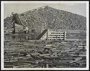 More Than 6,700,000 Cubic Feet or spruce and fir logs piled in a 125-foot "mountain" awaiting conversion into paper at the Brown Co., Berlin, N.H. In a new reforestation plan the firm offers suppliers eight small trees for every cord of pulpwood purchased. They are approximately 35,000 cords in this pile, largest in New England.