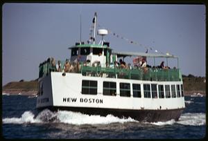 People on a boat named "New Boston"
