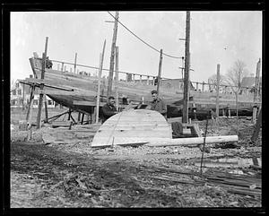Knockabout schooner under construction in Essex ship yard, Essex, Massachusetts