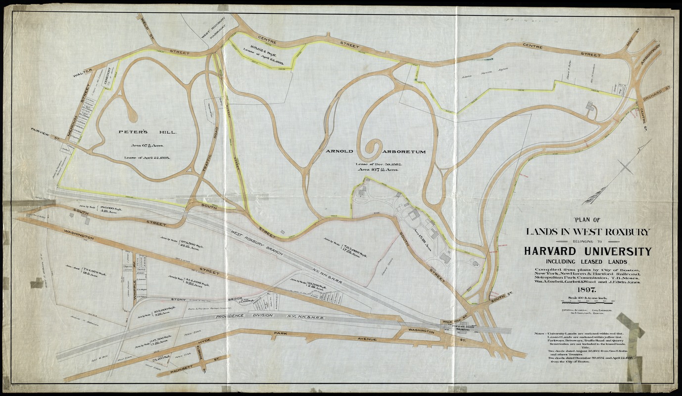 Plan of lands in West Roxbury belonging to Harvard University including leased lands