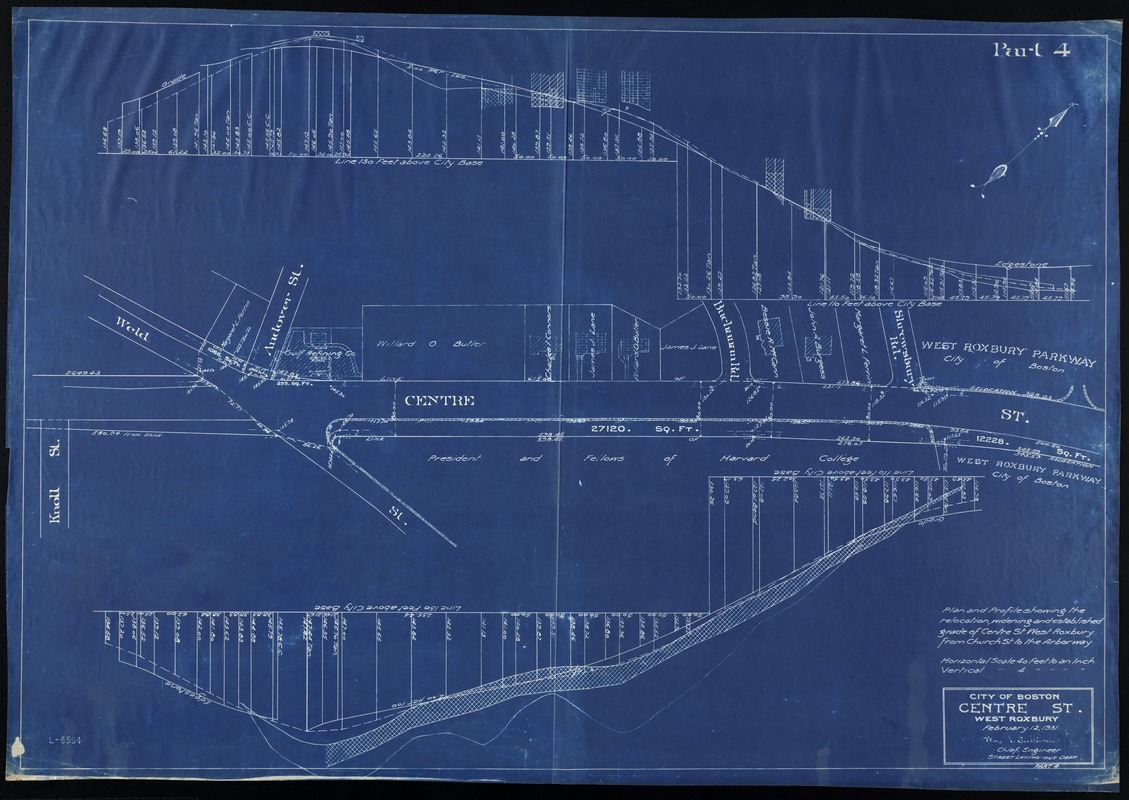 Plan and profile showing the relocation, widening and established grade of Centre St. West Roxbury from Church St. to the Arborway