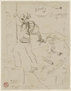 Sketch of man with beard smoking pipe facing left, signature of the artist and monogram in red, squiggles, donkey sketch, head