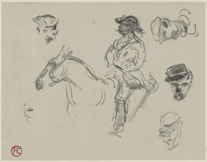Central - study of a man on horse with additional studies of man's head; on verso, pencil sketches of sections of horse including the leg, hooves, rear, head and neck.