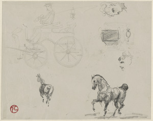 Horse studies, 2 female heads, and study of carriage and man; on verso, man on horse lifting a girl up
