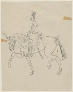 Soldier on horseback charging man with gun; on verso, soldier on horseback