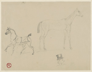 Horse trotting, skinny horse, man's head with top hat