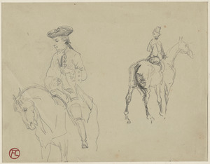 Man wearing tricorn & 18th-century-style coat on horseback and rear view; on verso, figure and head studies, man boxing, man running, gentleman "le Barytone"