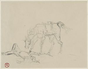 Horse looking at fallen soldier; on verso, studies of dog, horse and heads
