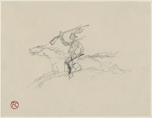 Indian with rifle on galloping horse; on verso, head studies, man on horseback, horse head, soldiers fighting