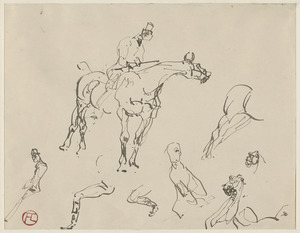 Study of man with crop on horse looking right and other details