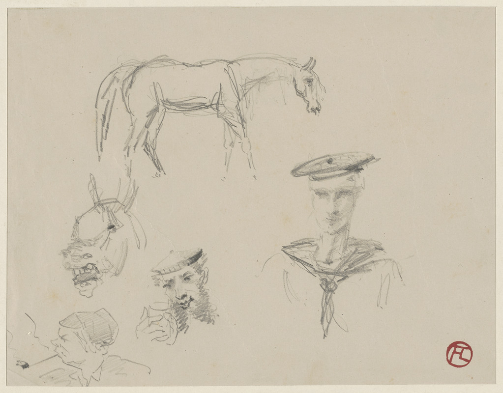 Studies of  heads of sailors, horses and man with pipe