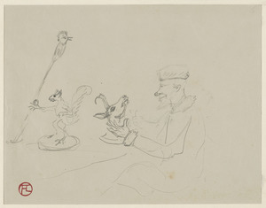 Man with head of deer, squirrel, and bird on a pole; on verso, two men in sailing boat.