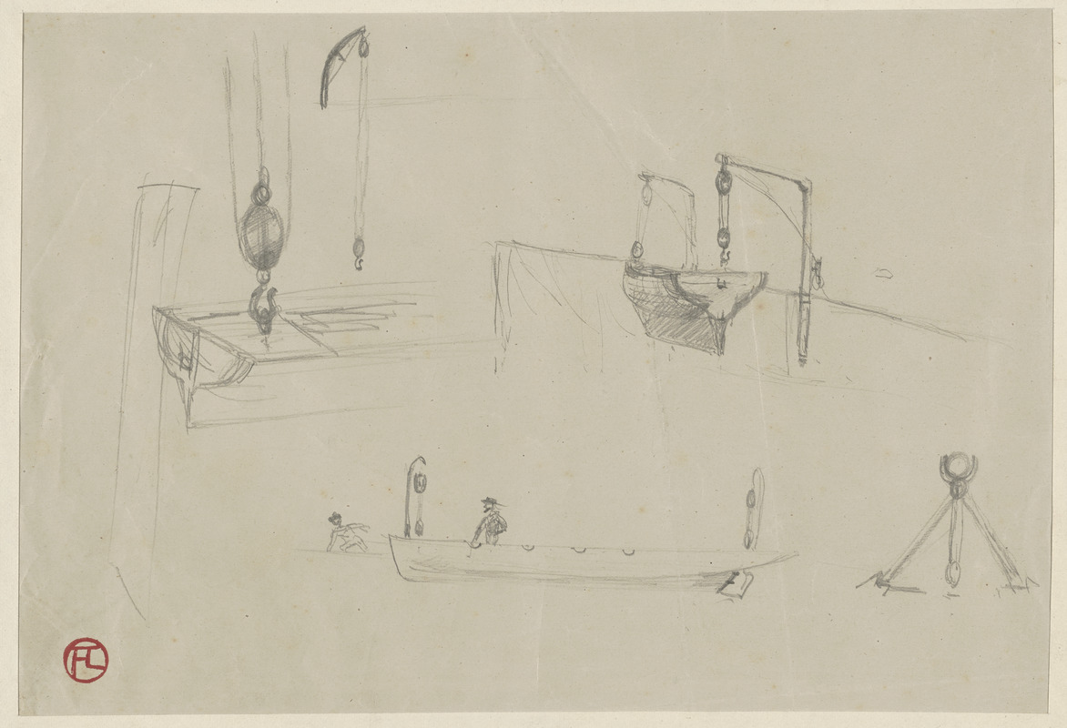 Studies of lifeboats and pulleys; on verso, study of  ship with two masts