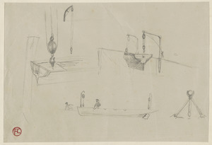 Studies of lifeboats and pulleys; on verso, study of  ship with two masts