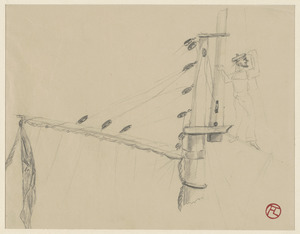 Sailor standing on ship rigging