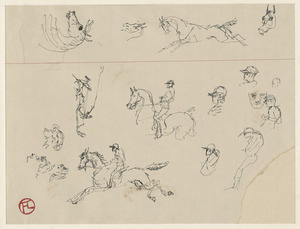 Training of horses; on verso, head studies of men and animals, two sketches of men with violin