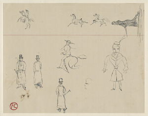 Studies of men walking, horse running, and men on horseback; on verso, people's faces