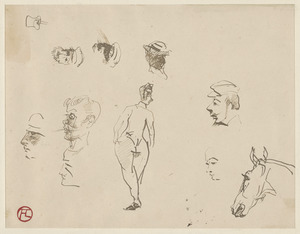 Head study of horse, 8 head studies of a man, a figure of man