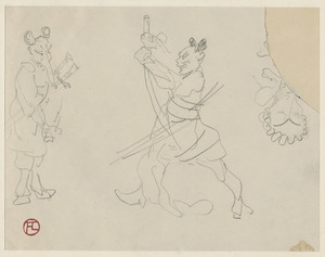 Head study of a lady, a man with sword and an animal with human clothes on; on verso, a man on horseback and a sketch of a gentleman