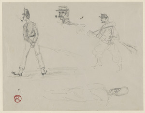 Three sketches of a soldier and a head study of lady; on verso, head studies of man and horse