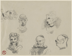 Six head studies; on verso, sketches of horses in movement