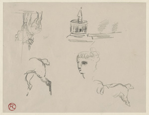 Head study, two studies of rear quarters of horse, rear view of soldier on horse