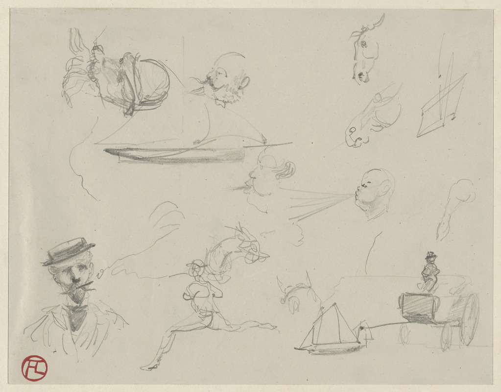 Man smoking, running, in carriage, two men blowing, two heads, two horse heads, a sailboat; on verso, two horse heads and a rear of horse