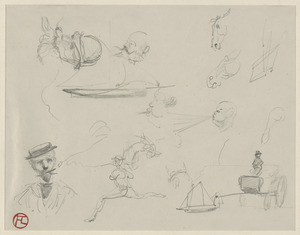 Man smoking, running, in carriage, two men blowing, two heads, two horse heads, a sailboat; on verso, two horse heads and a rear of horse