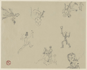 Rider and horse trotting, man running, waiter, man in chair feeding dog, man playing horn, man smoking, man ringing bell; on verso, three horse studies and figure study