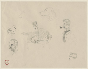 Three head studies, a character study, a dog study, a magistrate handing out a verdict
