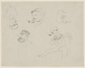 Five head studies, a soldier blowing horn, sailor figure study, fencer lying on his stomach; on verso, head studies, sailor