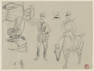 Sketch of cowboy, horse, man blowing trumpet, jockey on horse; on verso, two heads, three horse studies, two horse heads