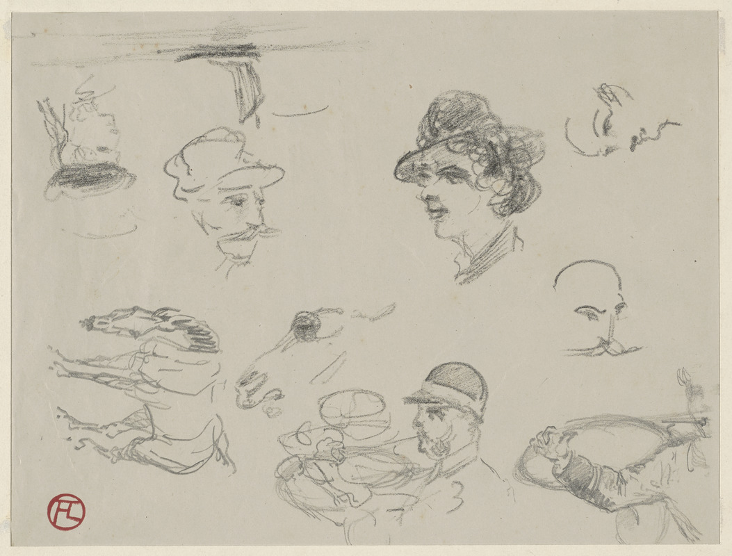 Five head studies, man blowing horn, horse studies; on verso, side view of  horse pulling carriage - Digital Commonwealth