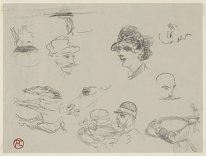 Five head studies, man blowing horn, horse studies; on verso, side view of horse pulling carriage