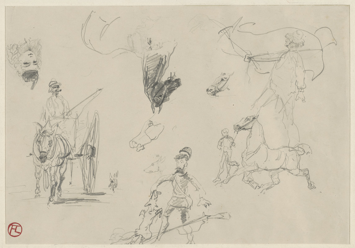 Horse pulling cart, woman's face hunter bit by fox, horse studies, figure studies; on verso, studies of a horse - bone structure of back leg, horse pulling carriage