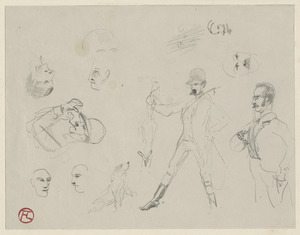 Sketch of seven head studies, a dog, a hunter, man lighting a pipe, a gentleman; on verso, a horse study, two lion studies