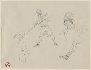 Studies of dog and man on a hunt; on verso, head studies