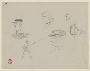 Head studies of men; on verso, two horse studies, a man falling from a horse