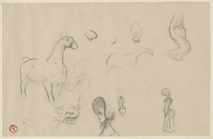 One head study, sketches of horses and a figure of a human being
