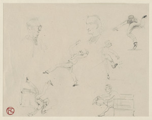A laughing man sitting on a chair, a man putting his socks on, three figure studies and two head studies