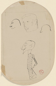 Standing man and three male face sketches