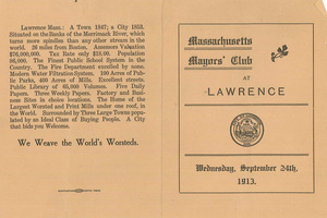 Massachusetts Mayors' Club at Lawrence, Wednesday, September 24th, 1913