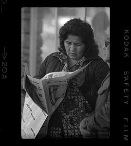 Woman reads the Fairbanks Daily News-Miner, Fairbanks, Alaska