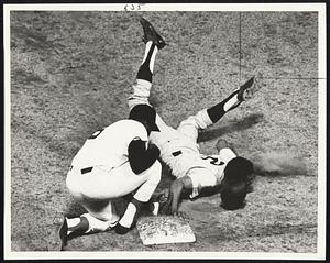 Back In Time – First baseman George Scott applies tag too late to pick off Jerry Kenney of Yankees in fifth inning. Kenney stole second and then scored what proved winning run in victory over Sox at Fenway Park.