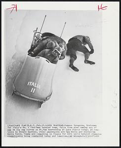 Loses Brakeman-Romano Bonagura, brakeman for Italy's No. 2 four-man bobsled team, falls from sled coming out of zag on zig zag curves on Mt. Van Hoevenberg at Lake Placid today. At controls is Sergio Zardini. Other passengers are Ugo Merlo and Rerruccio Della Torre. Teams are competing in finals for 1961 world bobsled champion championship being conducted today and tomorrow.