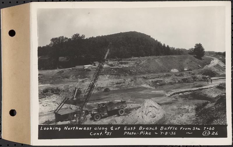 Contract No. 51, East Branch Baffle, Site of Quabbin Reservoir, Greenwich, Hardwick, looking northwest along center line of east branch baffle from Sta. 7+60, Hardwick, Mass., Jul. 8, 1936