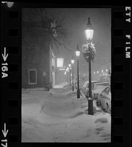 UU Church candle light, snow & street lamps