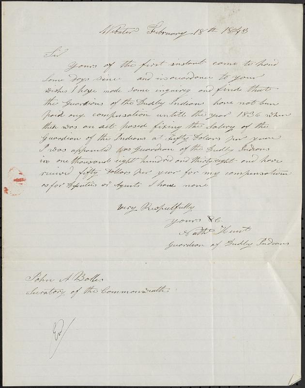 Dudley - Letter from Nathaniel Hunt to John A. Bolles, February 18, 1843